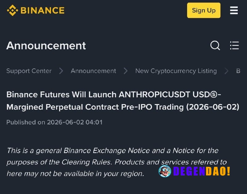 Binance Futures Will Launch ANTHROPICUSDT Perps Pre-IPO Trading > Starting at 2026-06-02 04:30 (UTC) Source: https://www...