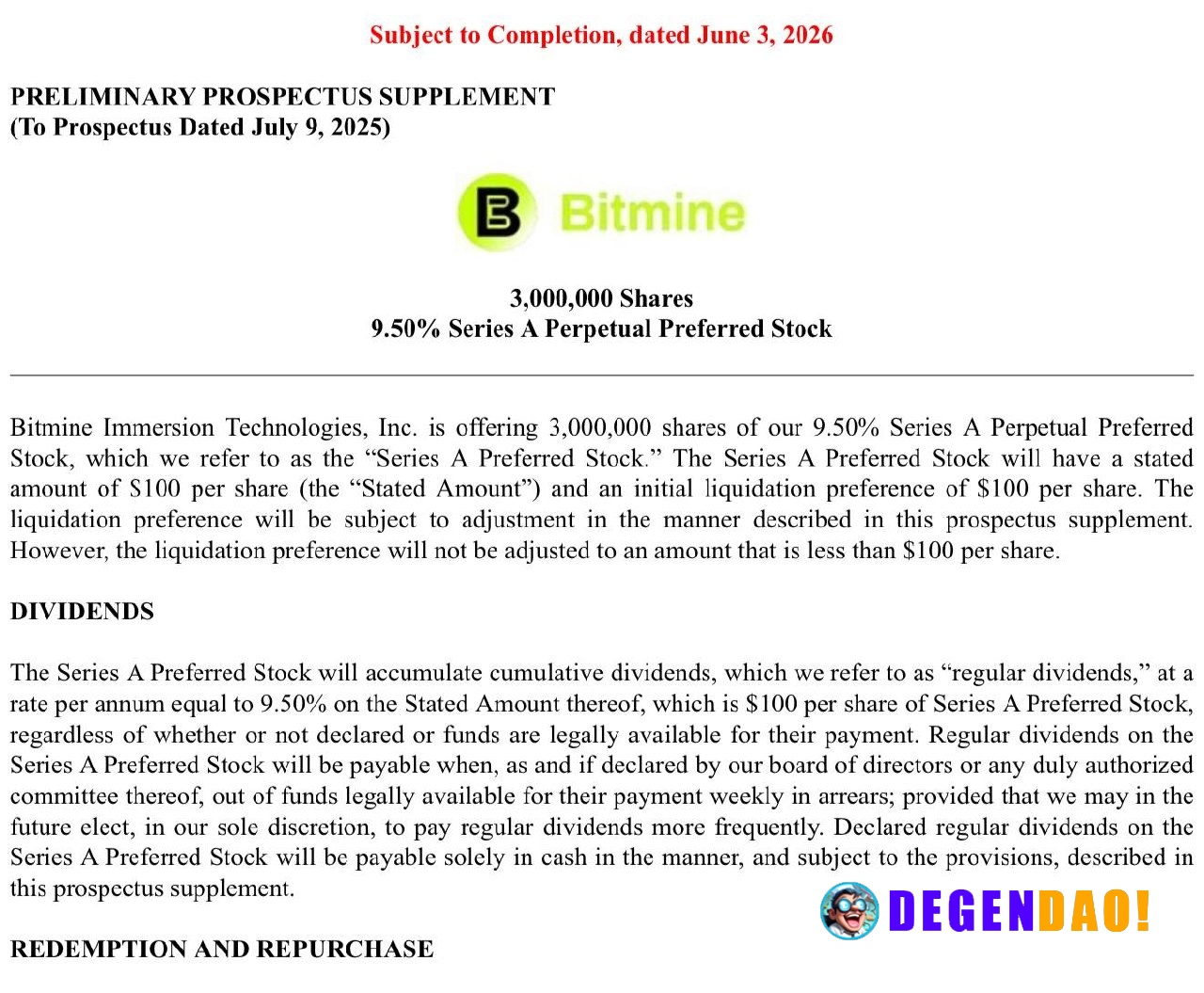 🔥 NEW: Bitcoin miner Bitmine Immersion Technologies filed for a 3 million-share Series A preferred stock offering with a...