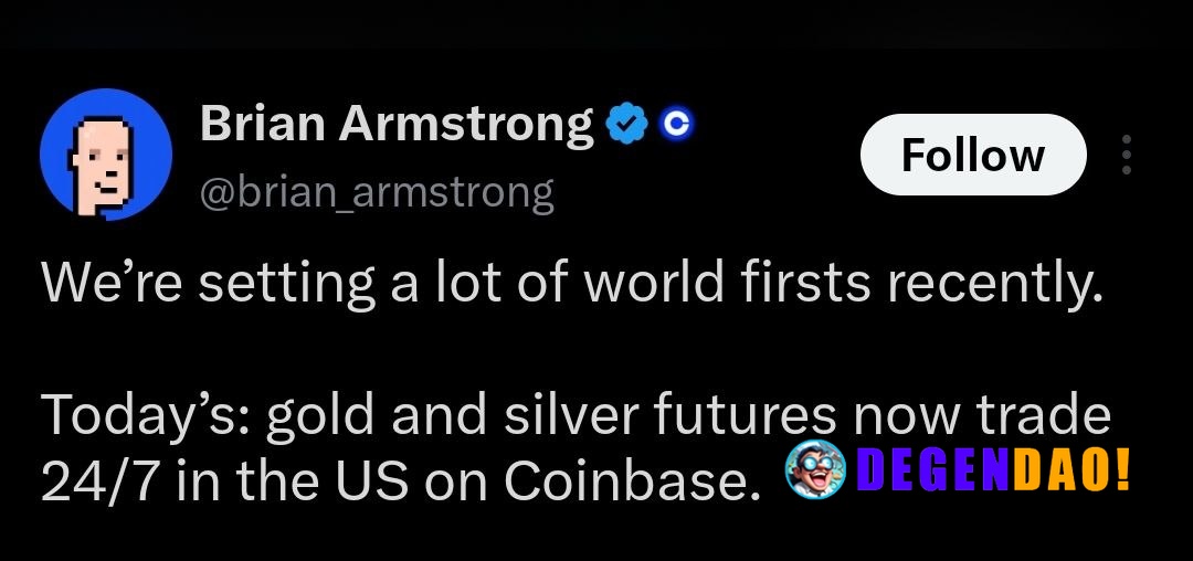 🇺🇸 BRIAN ARMSTRONG: Gold and silver futures now trade 24/7 in the US on Coinbase. News | Markets | YouTube _ 〽️ Crypto P...