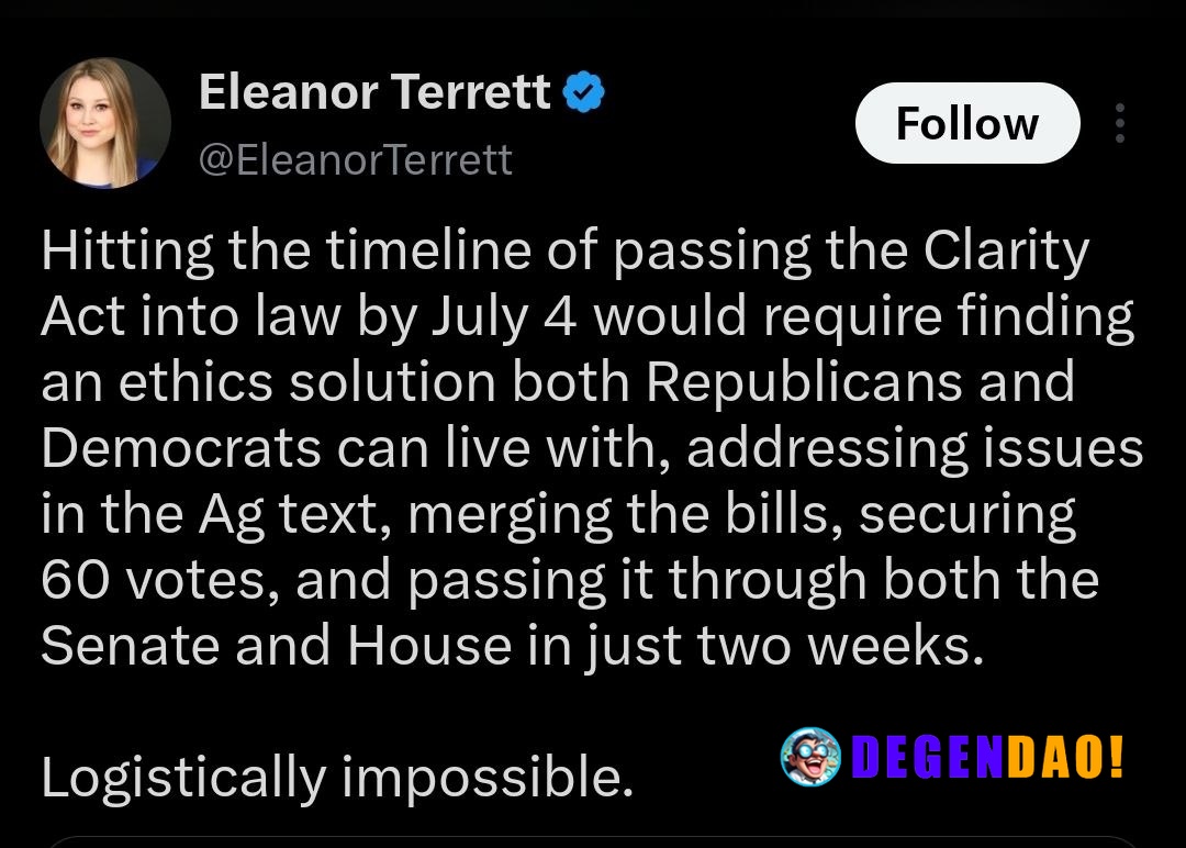 ⚡ INSIGHT: The CLARITY Act passing by July 4th is now logistically impossible, per Eleanor Terrett. _ 〽️ Crypto Pulse 👉 ...