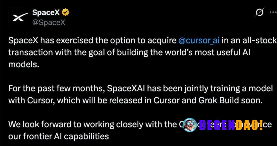 SpaceX Acquires Cursor in All-Stock Deal to Build the World's Most Useful AI Models > SpaceXAI has been jointly training...