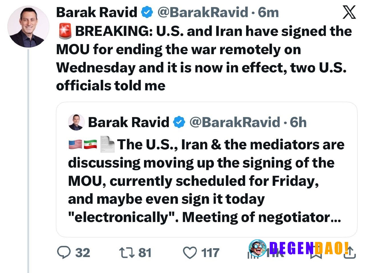 🚨 HUGE: The U.S. and Iran have signed a memorandum of understanding to end the war, according to Axios Global Affairs Co...