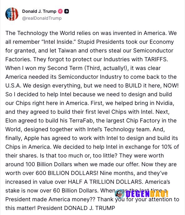 🇺🇸 JUST IN: President Trump says, "We decided to help Intel in exchange for 10% of their shares." _ 〽️ Crypto Pulse 👉 @d...