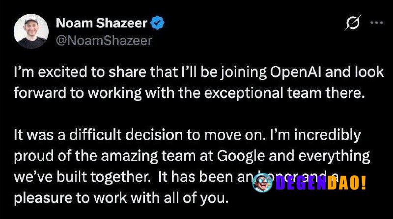 Google's Gemini Co-Lead Noam Shazeer is Leaving to Join OpenAI Source: https://x.com/NoamShazeer/status/2067400851438932...