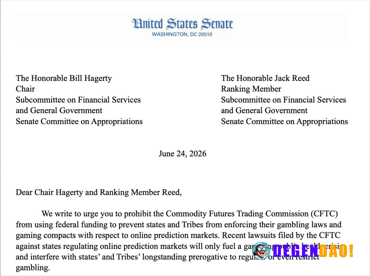 🇺🇸 LATEST: A group of 17 Democratic senators is urging Congress to block the CFTC from using federal funds to sue states...