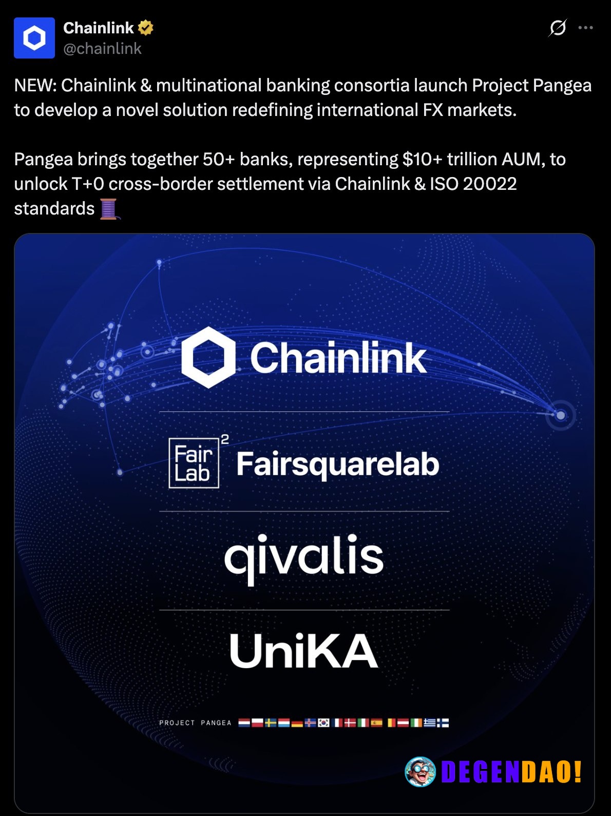 This week Chainlink joined Project Pangea — 47 banks, $10T+ AUM, targeting T+0 FX settlement within 12 months – Link Cha...