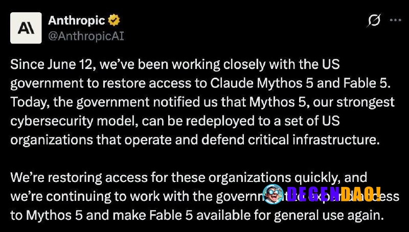 Anthropic Restores Claude Mythos 5 Access for Select U.S. Critical Infrastructure Organizations > “Today, the government...