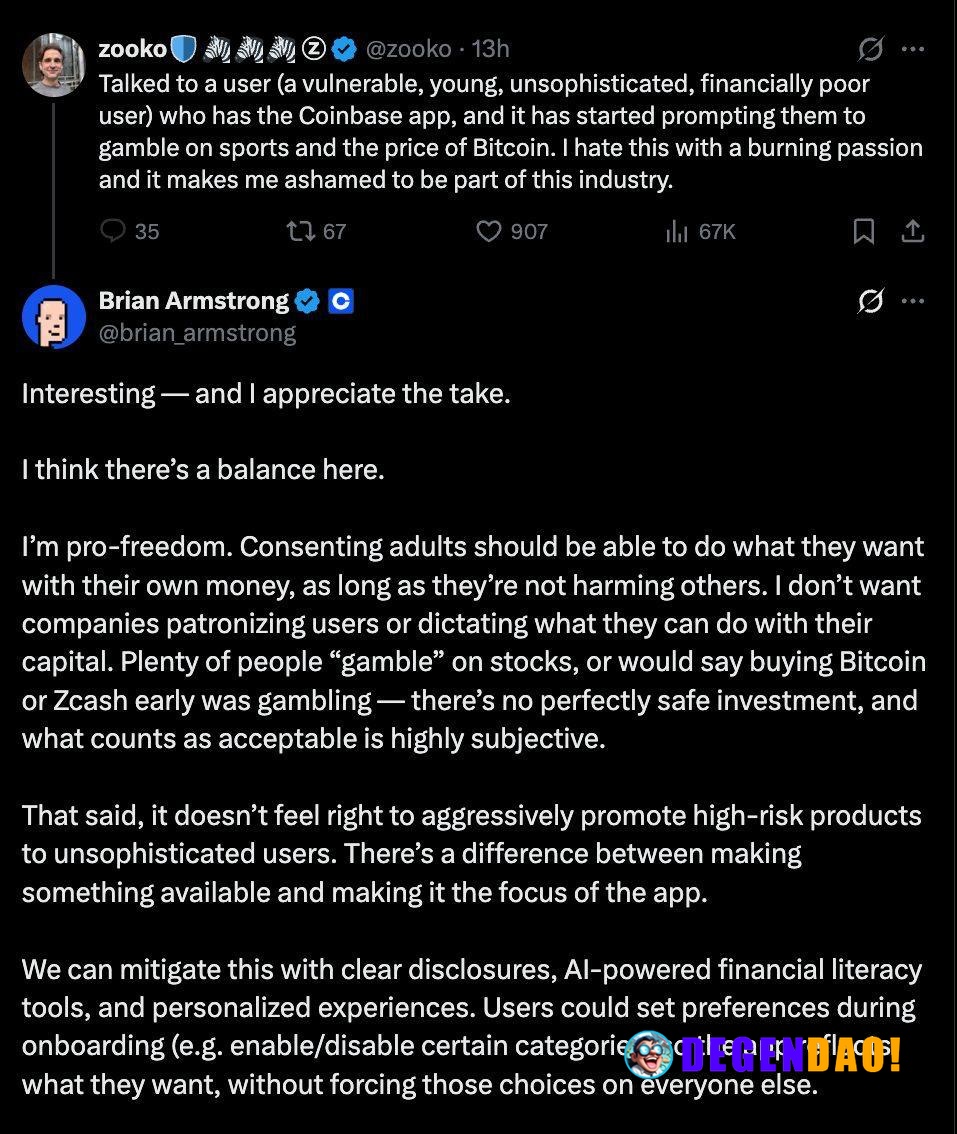 Coinbase CEO Responds to Criticism Over Betting Promotions in Coinbase App > Zcash founder Zooko flagged Coinbase for pr...