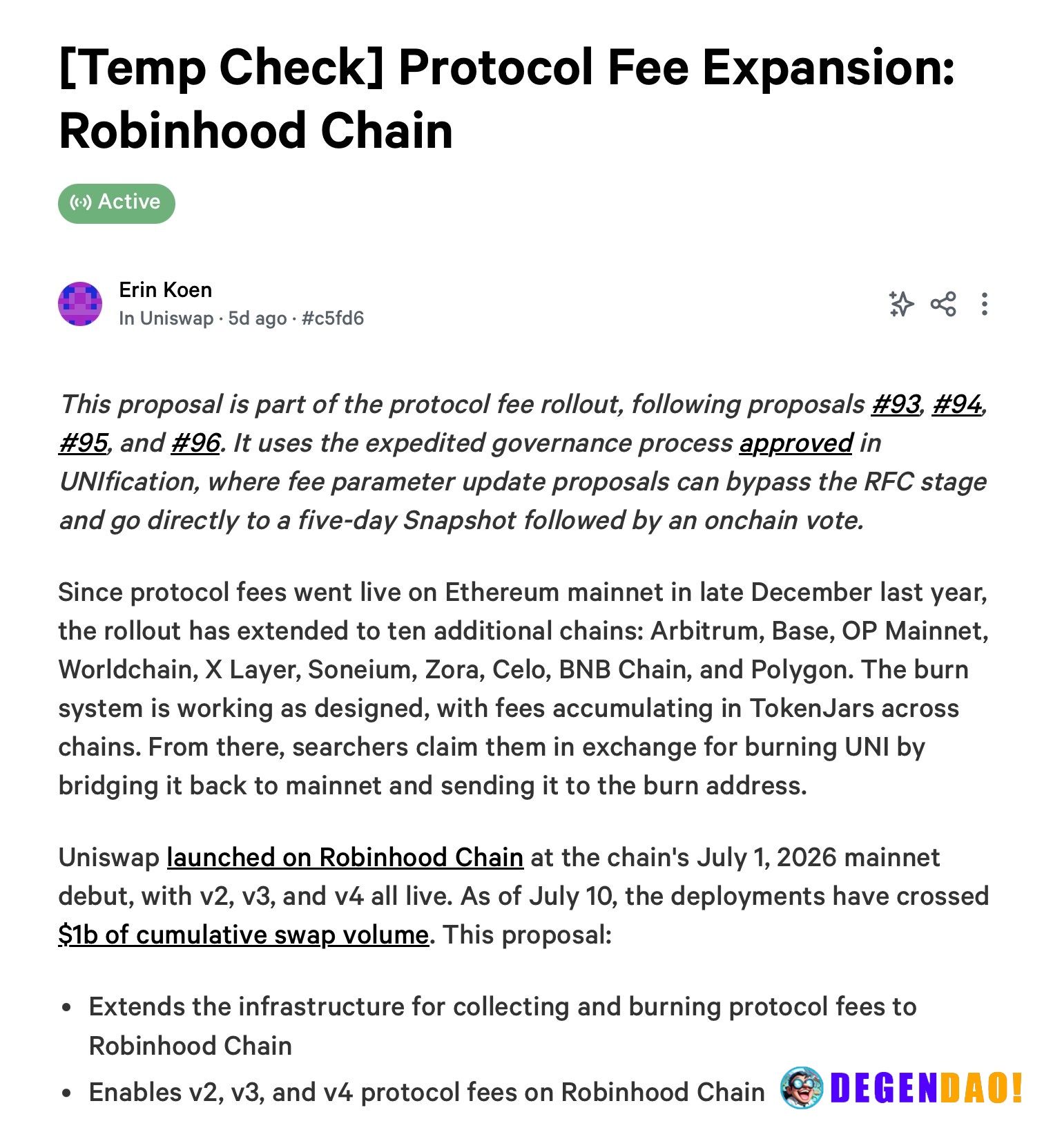 Uniswap governance extends protocol fee collection and UNI burn mechanism to Robinhood Chain – Link Uniswap submitted a ...