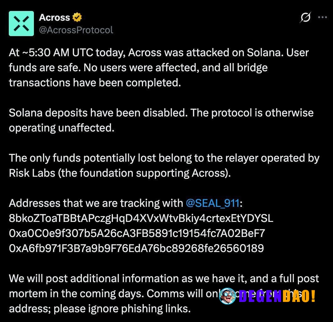 Across Protocol Hit by Solana Exploit, User Funds Safe but Risk Labs Relayer Potentially Impacted > Across Protocol was ...