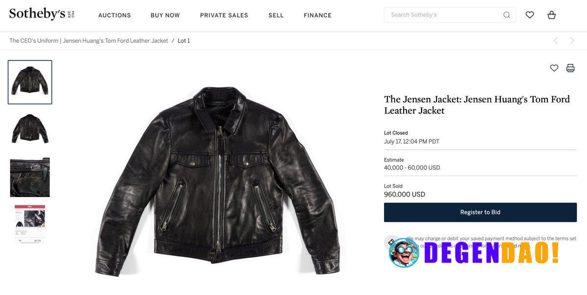 Nvidia CEO Jensen Huang’s Jacket Has Sold at Sotheby’s for $960,000 Source: https://x.com/LongJourneyVC/status/207819877...