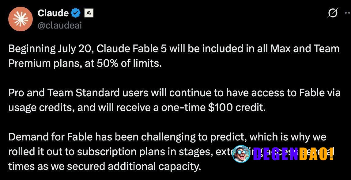 Claude to Include Fable 5 in Max and Team Premium Plans Starting July 20, at 50% of Limits > Pro and Team Standard users...