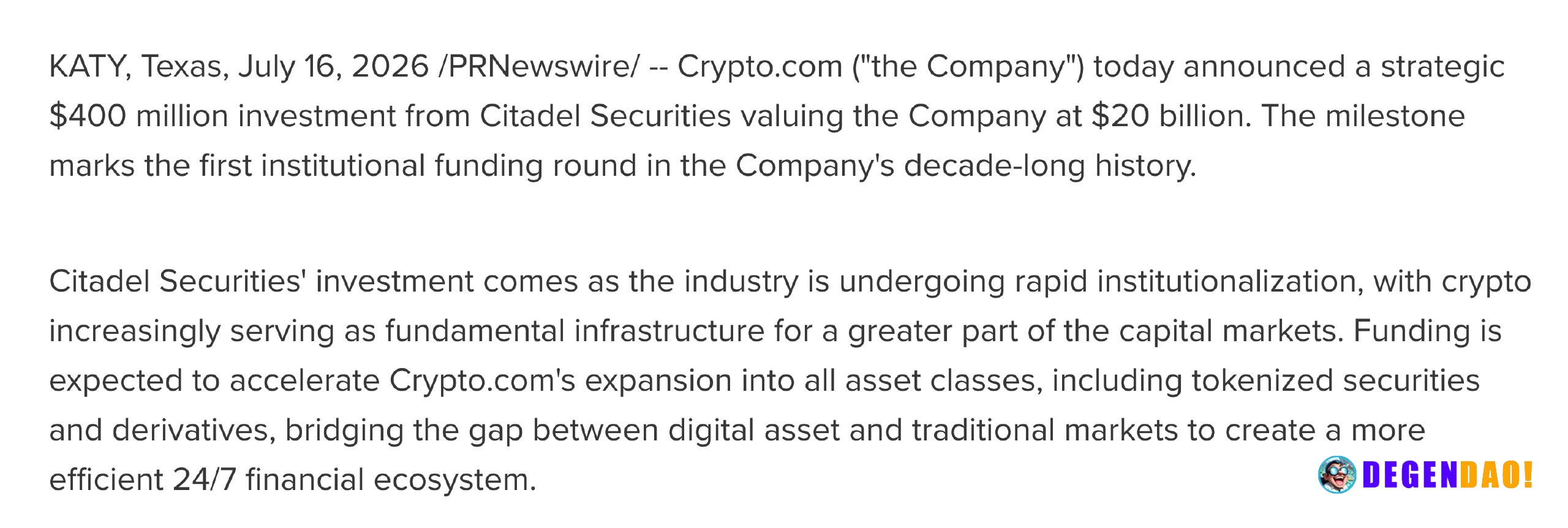 Citadel Securities invests $400M in Crypto.com at $20B valuation – Link Citadel Securities invested $400 million in Cryp...