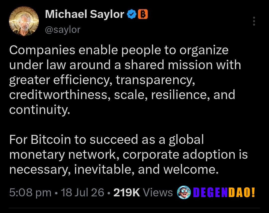 🚨 SAYLOR: "For Bitcoin to succeed as a global monetary network, corporate adoption is necessary, inevitable, and welcome...