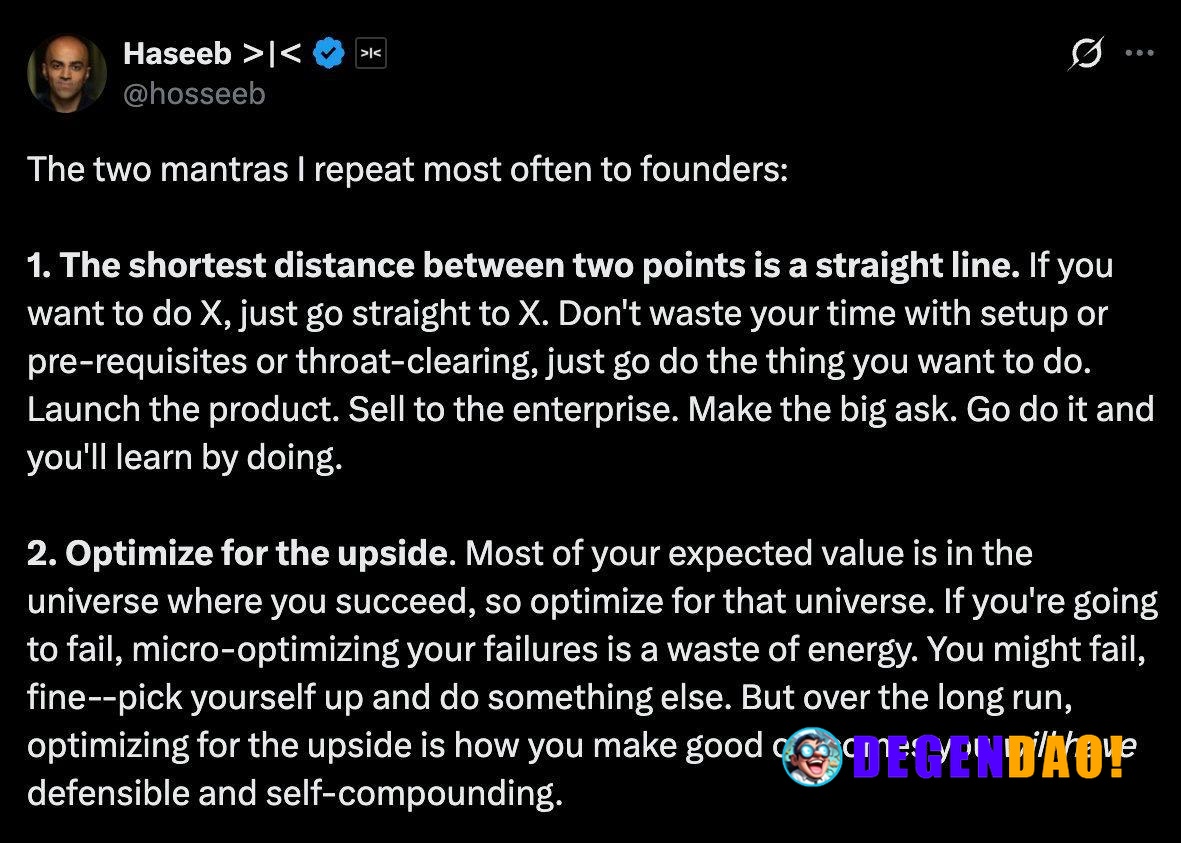 Haseeb: Two Mantras For Founders > “If you want to do X, just go straight to X. Don't waste your time with setup or pre-...