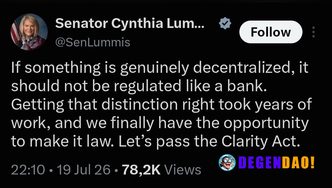 🇺🇸 LUMMIS: "If something is genuinely decentralized, it should not be regulated like a bank." _ 〽️ Crypto Pulse 👉 @degen...
