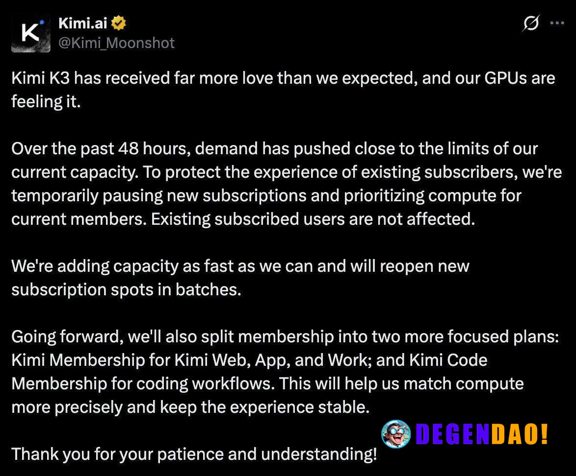 Kimi Pauses New Subscriptions as Demand Pushes GPU Capacity to Its Limits > Kimi has temporarily paused new subscription...