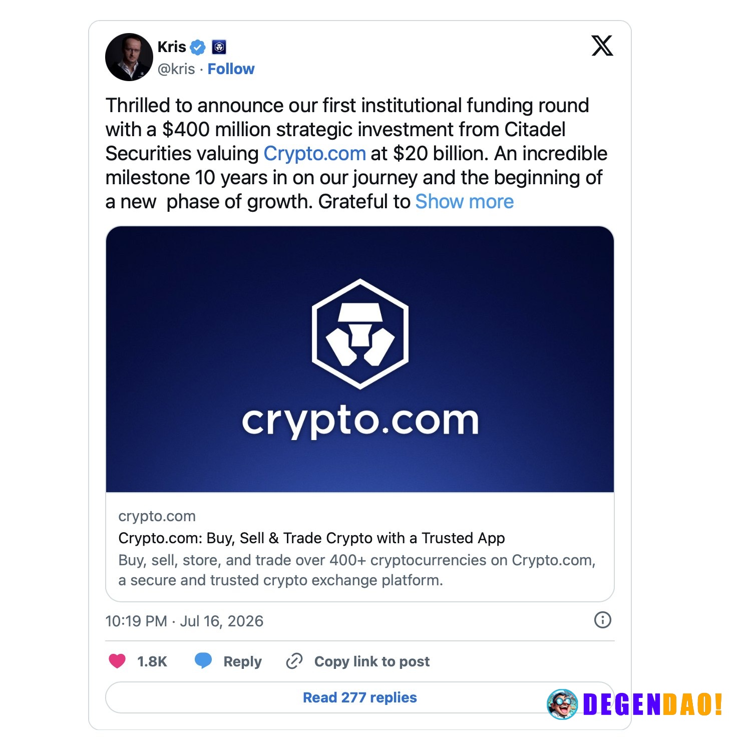 Citadel Securities invests $400M in Crypto.com at $20B valuation – Link Citadel Securities invested $400M in Crypto.com ...