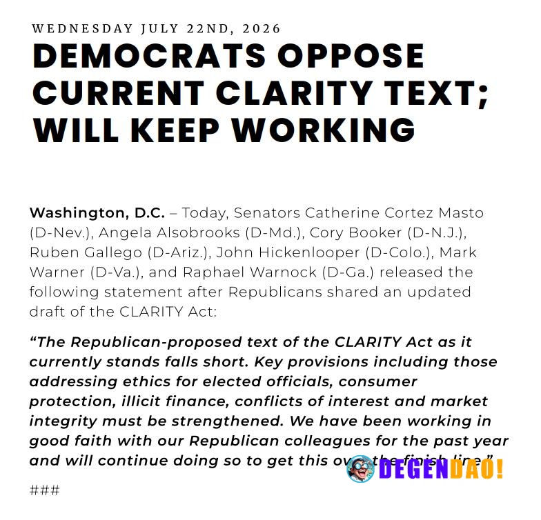🇺🇸 JUST IN: Seven pro-crypto Senate Democrats say the Republican-drafted CLARITY Act still falls short on ethics, consum...