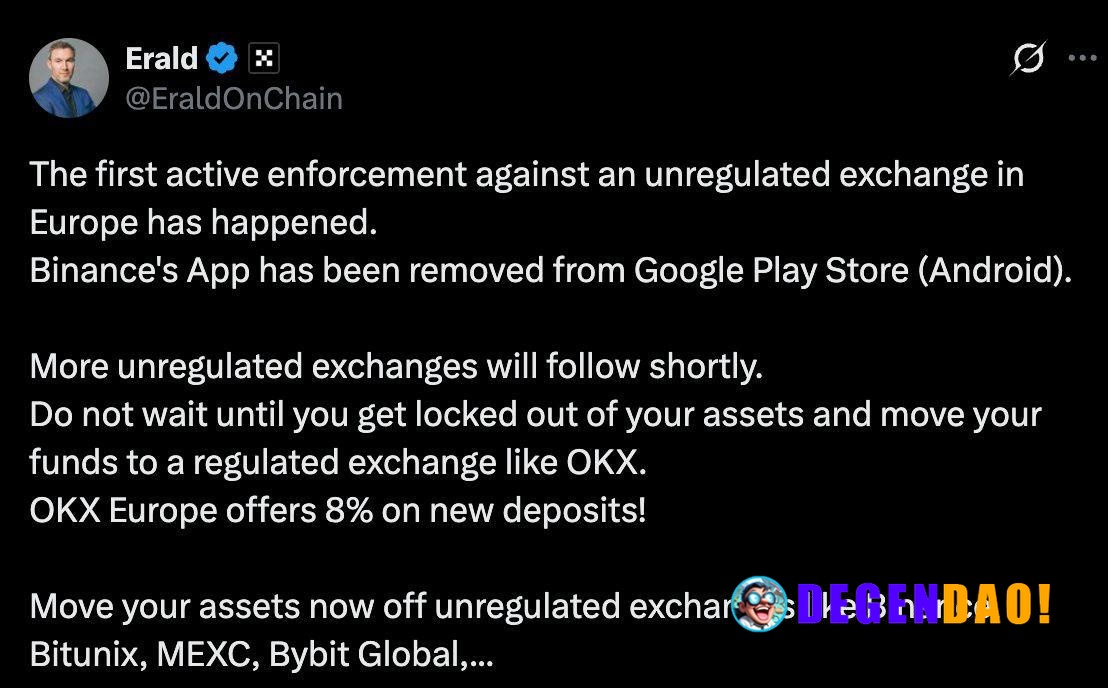 OKX Europe CEO Erald Says “the first Active Enforcement Against an Unregulated Exchange in Europe Has Happened” > “Binan...