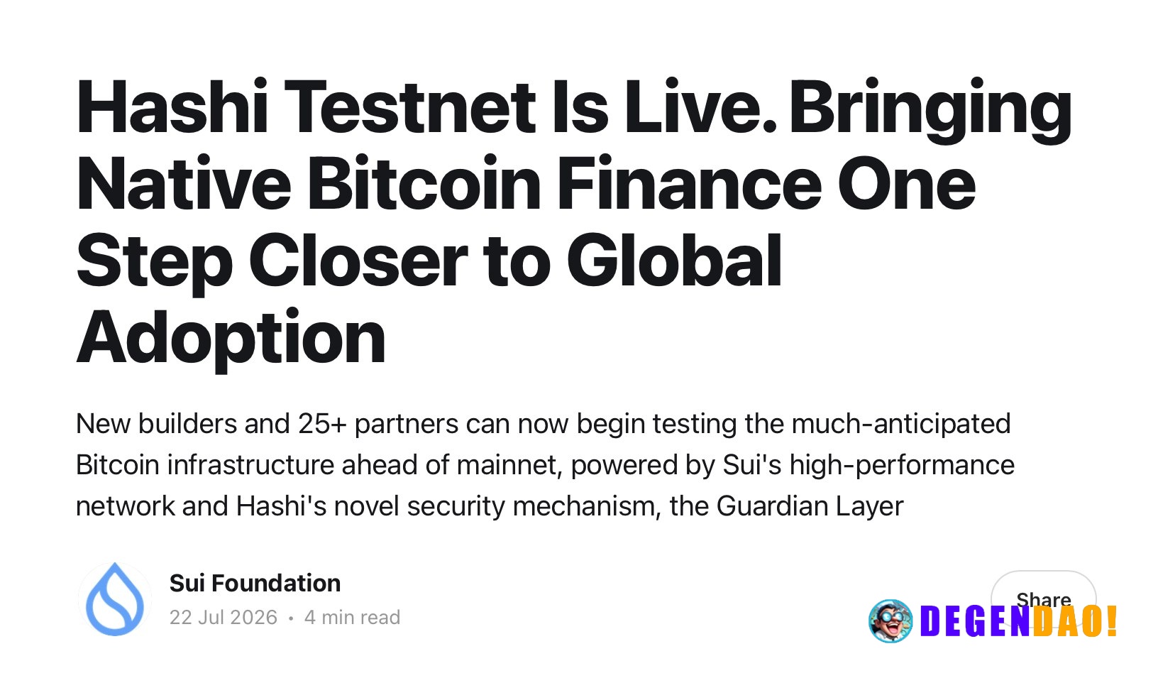 Sui Foundation launches Hashi bitcoin collateral protocol testnet with 25+ institutional partners – Link Sui Foundation ...