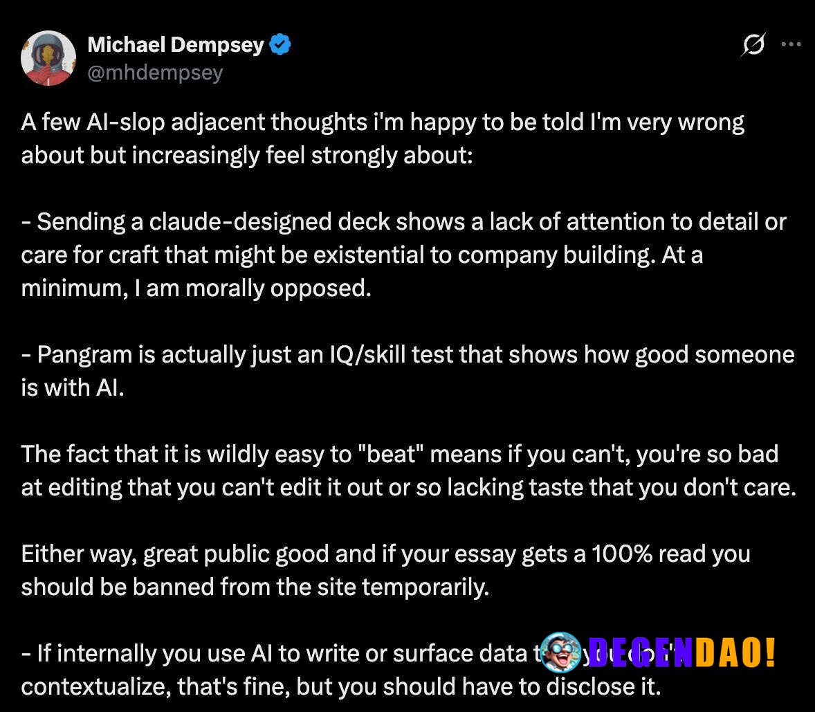 Michael Dempsey: AI Slop in Decks Is a Red Flag and Pangram Is Just an IQ Test > Sending a claude-designed deck shows a ...