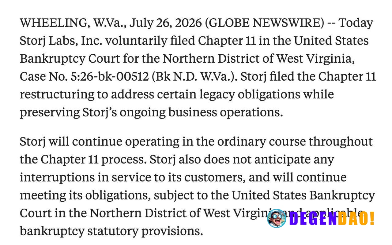 Storj Labs Files Chapter 11 Bankruptcy > Decentralized cloud storage firm Storj Labs has filed for Chapter 11 bankruptcy...