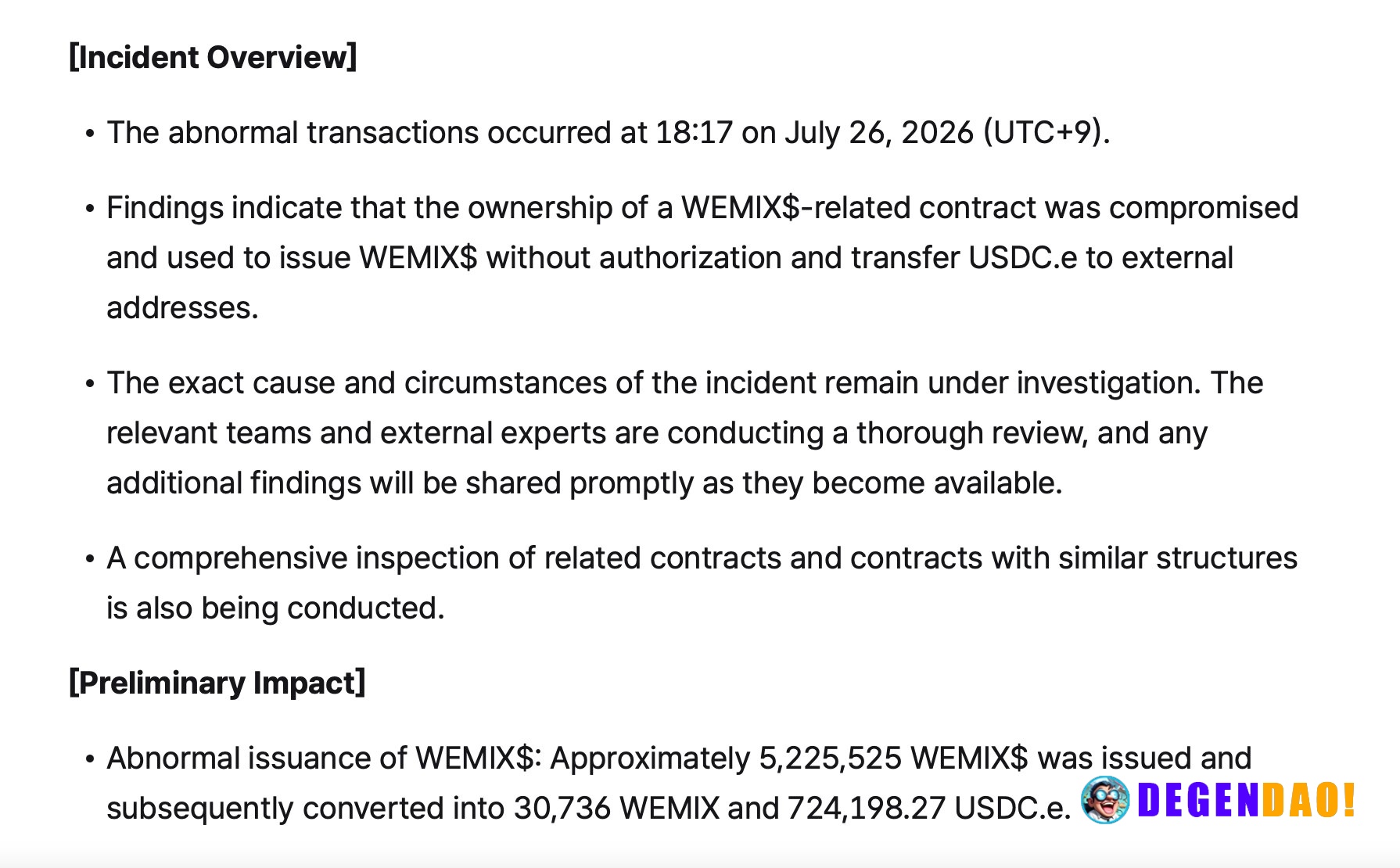 WEMIX contract compromised; tokens illegally minted – Link WEMIX said attackers gained contract owner privileges and min...