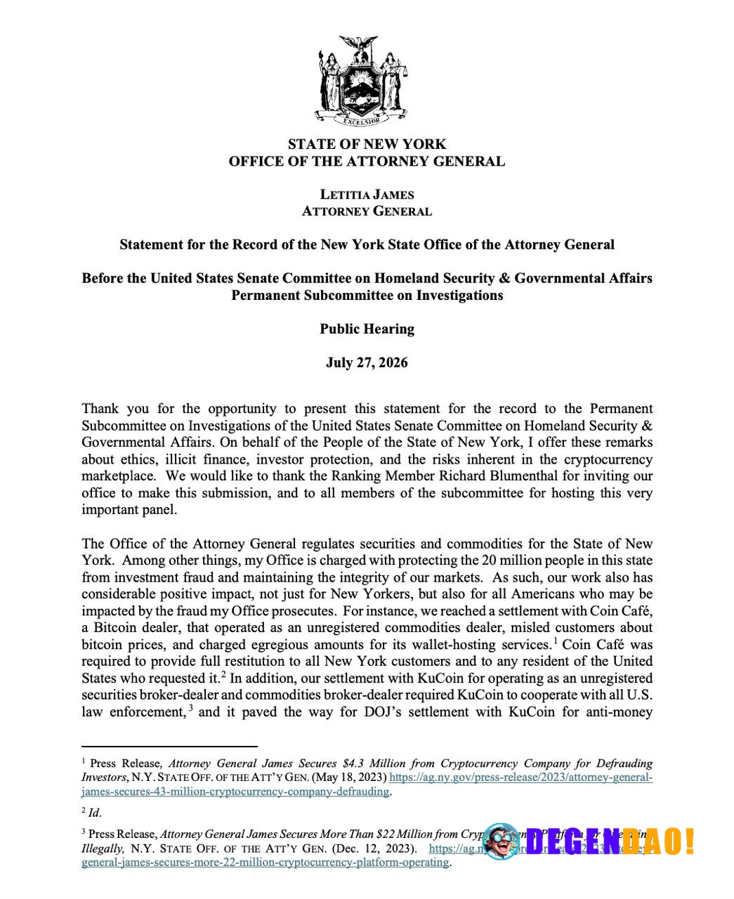 🇺🇸 TODAY: New York AG Letitia James warns the CLARITY Act could gut state crypto enforcement, urging Congress to add str...