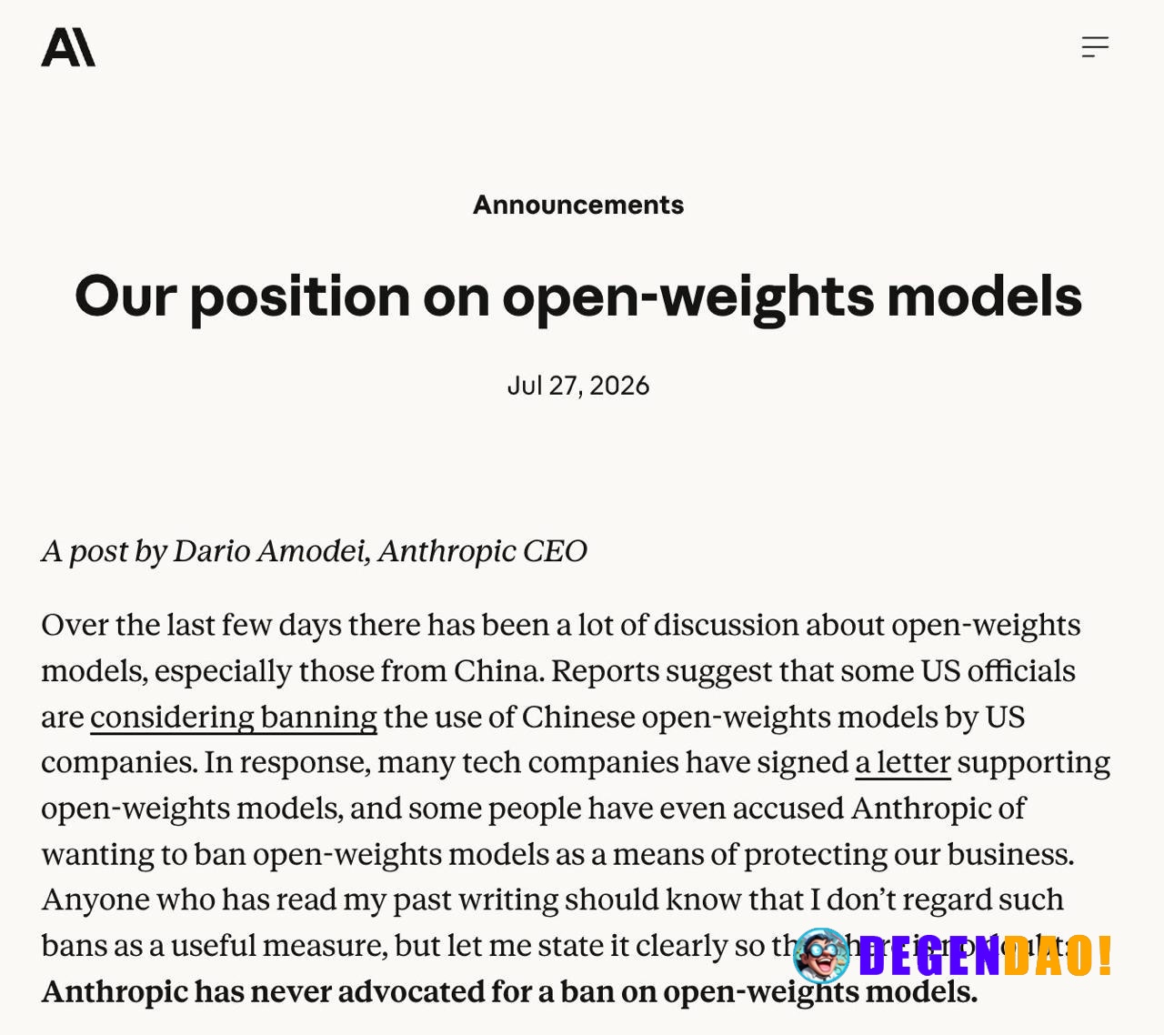 Anthropic CEO Dario Amodei Rejects Claims of Pushing Open-Weights AI Ban > “Anthropic has never advocated for a ban on o...