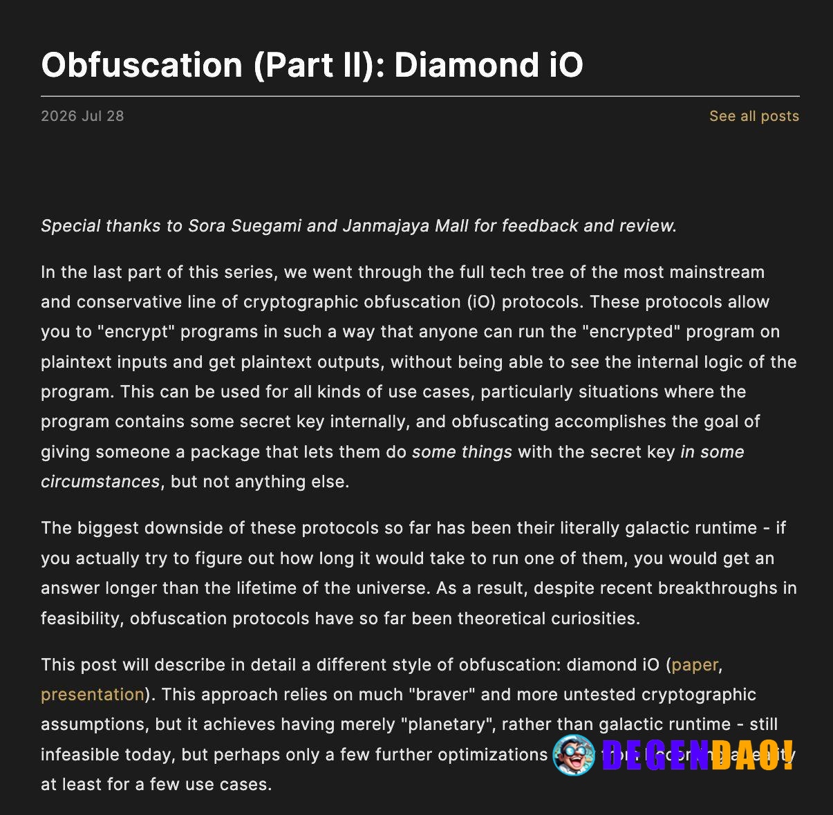 Vitalik: Obfuscation (Part II): Diamond iO > Diamond iO is a new cryptographic obfuscation protocol that achieves "plane...